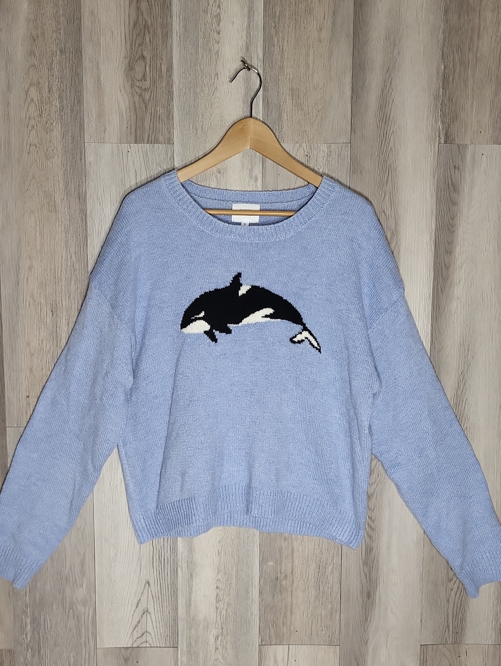 Blue Orca Whale Graphic Wool Blend Knit Pullover Sweater Novelty M Oversized